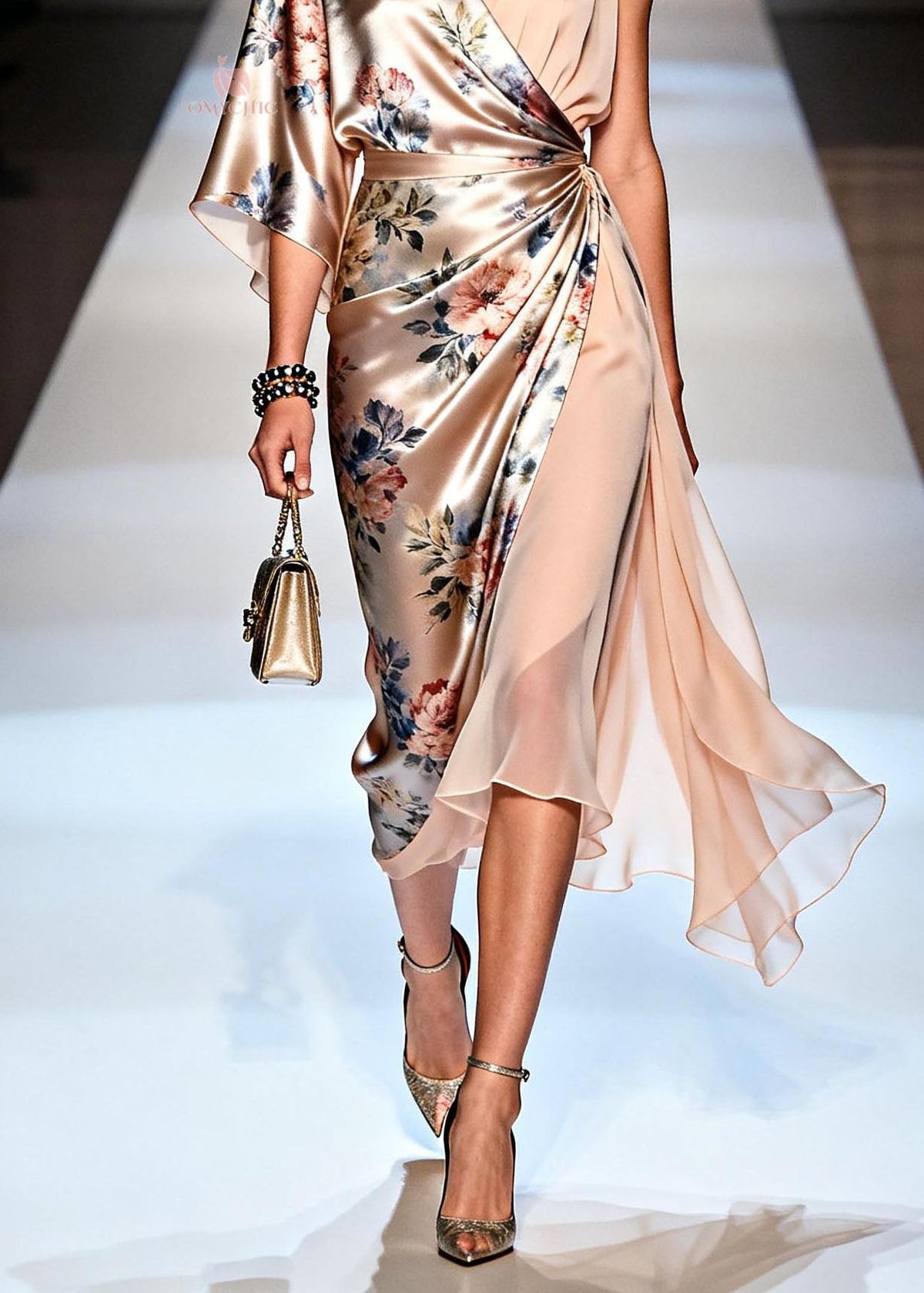 Satin Floral Print One Shoulder Asymmetric Wrap Midi Dress - View 4