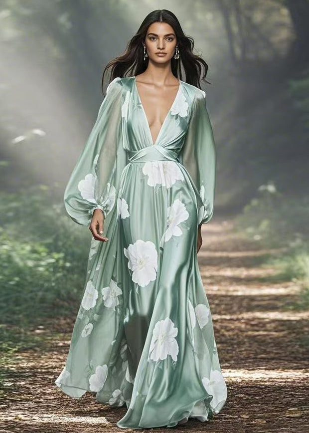 Floral Print Deep V-Neck Lantern Sleeve Cinched Waist Satin Maxi Gown
