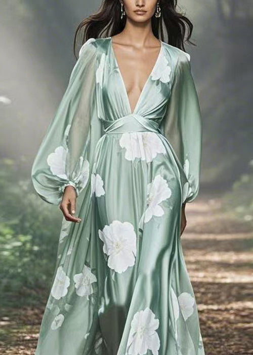 Floral Print Deep V-Neck Lantern Sleeve Cinched Waist Satin Maxi Gown - View 2