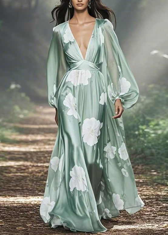 Floral Print Deep V-Neck Lantern Sleeve Cinched Waist Satin Maxi Gown - View 3