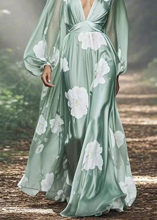 Floral Print Deep V-Neck Lantern Sleeve Cinched Waist Satin Maxi Gown - View 4