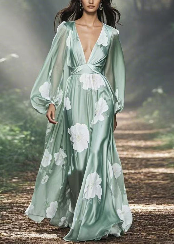 Floral Print Deep V-Neck Lantern Sleeve Cinched Waist Satin Maxi Gown - View 5