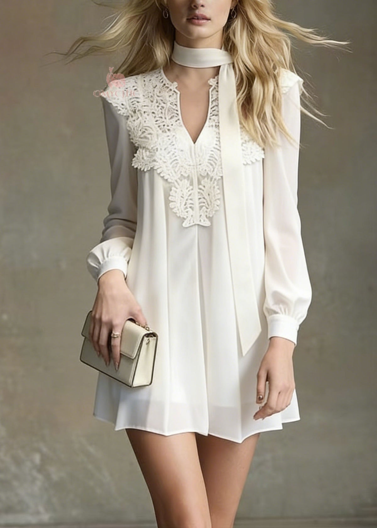 Italian White Lace Patchwork Chiffon Mini Dress Spring