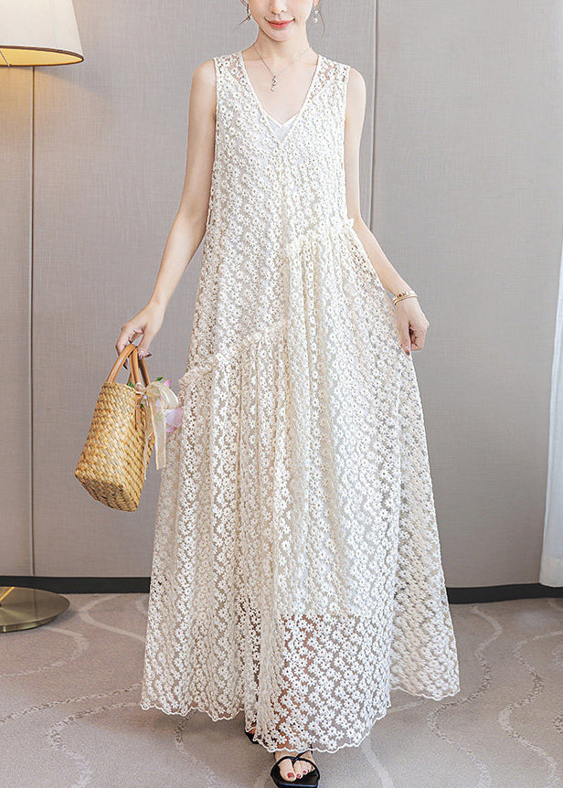 Italian White Ruffled Patchwork Lace Long Dresses Sleeveless - View 2