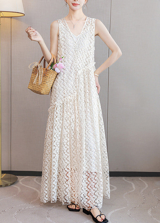 Italian White Ruffled Patchwork Lace Long Dresses Sleeveless - View 3