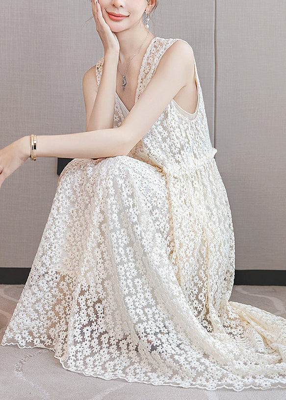 Italian White Ruffled Patchwork Lace Long Dresses Sleeveless - View 4