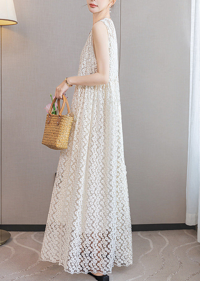 Italian White Ruffled Patchwork Lace Long Dresses Sleeveless - View 5