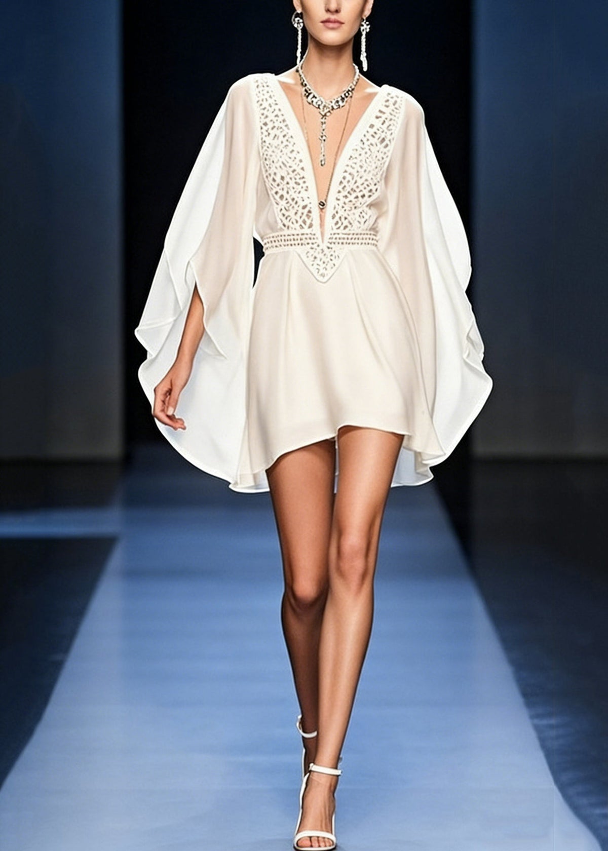 Deep V-Neck Chiffon Lace Cut Out Batwing Sleeve Mini Dress
