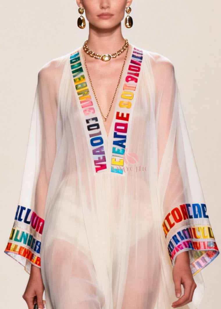 Chiffon Deep V-Neck Letter Print Embroidered Trim Maxi Gown - View 2