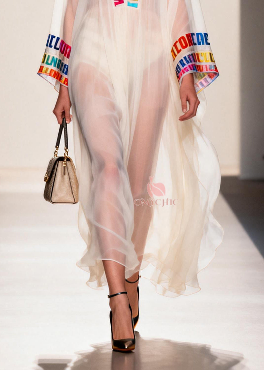 Chiffon Deep V-Neck Letter Print Embroidered Trim Maxi Gown - View 4