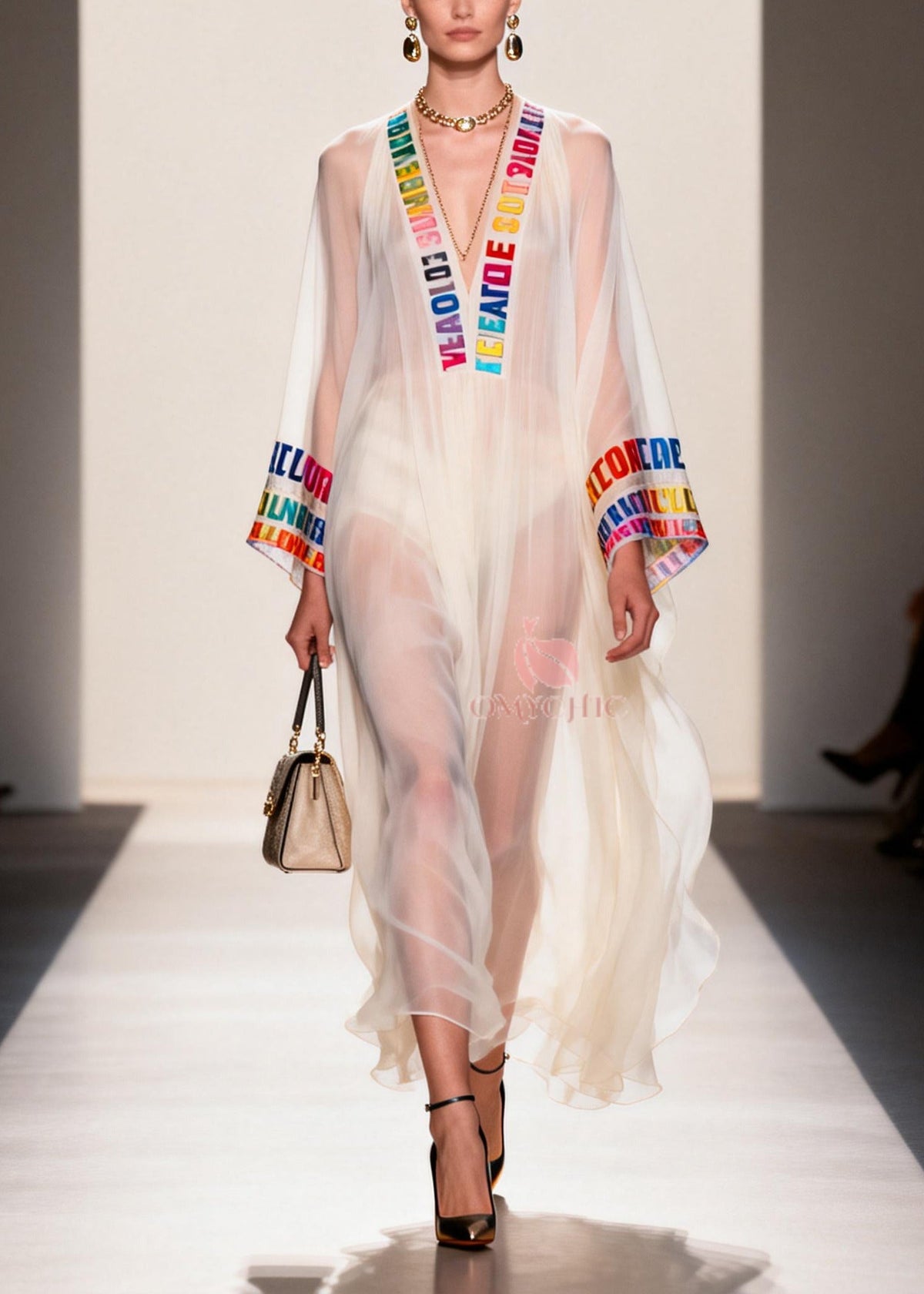 Chiffon Deep V-Neck Letter Print Embroidered Trim Maxi Gown - View 5