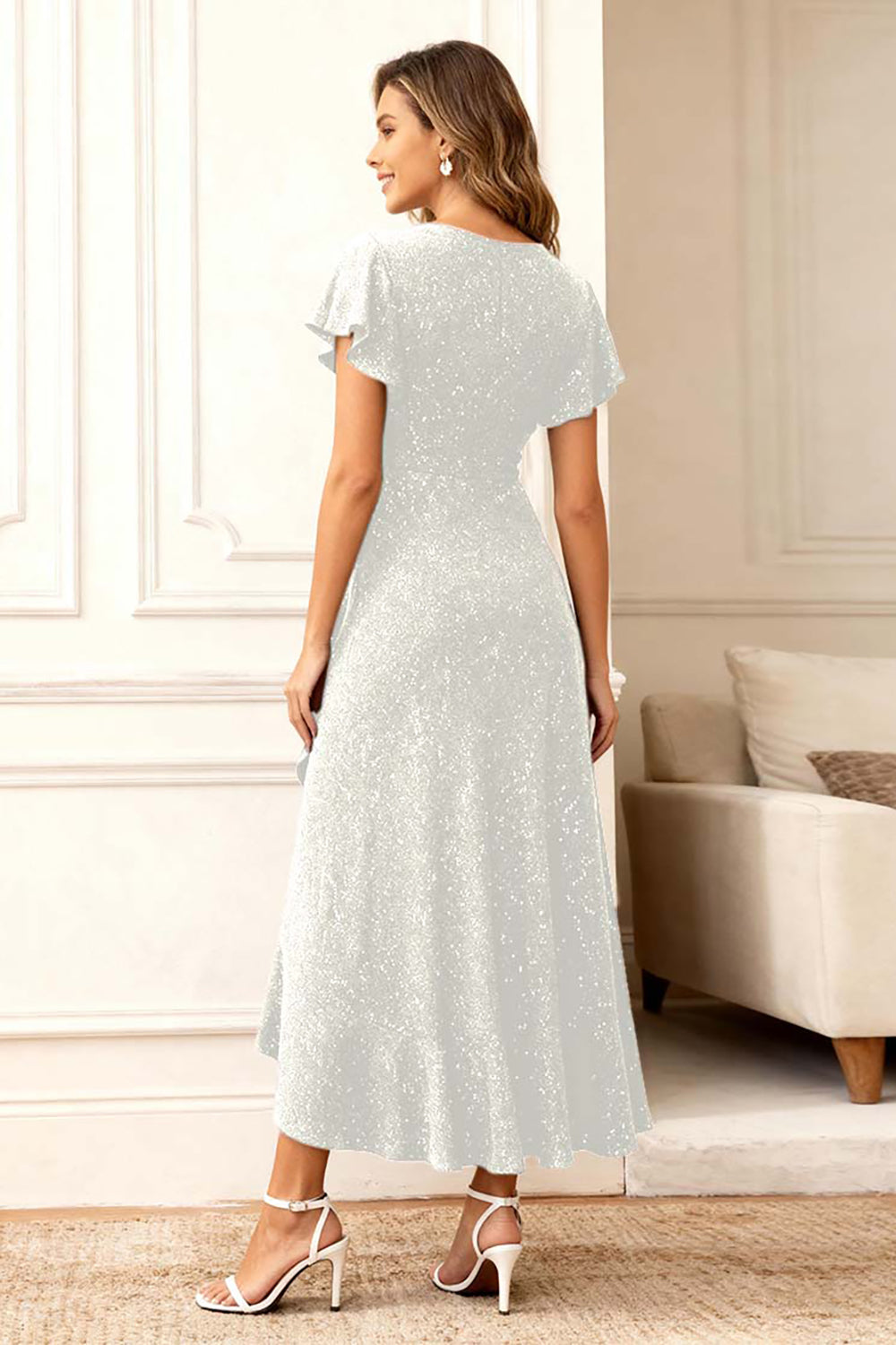 Black Round Neck Midi Glitter Holiday Party Dress with Sleeves
