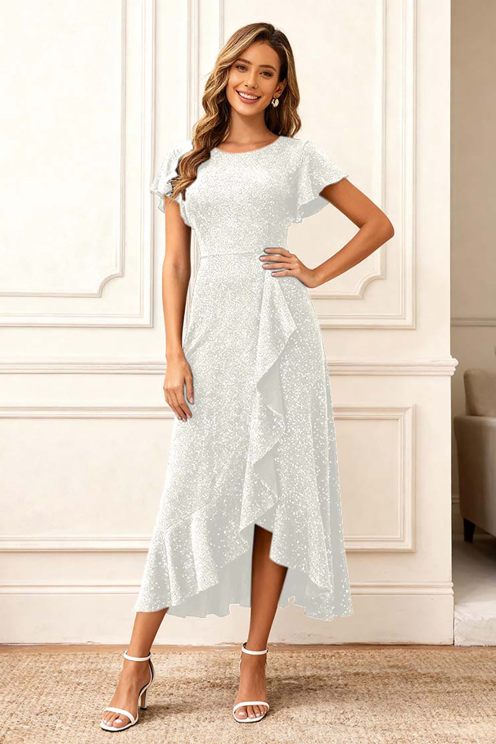 Black Round Neck Midi Glitter Holiday Party Dress with Sleeves