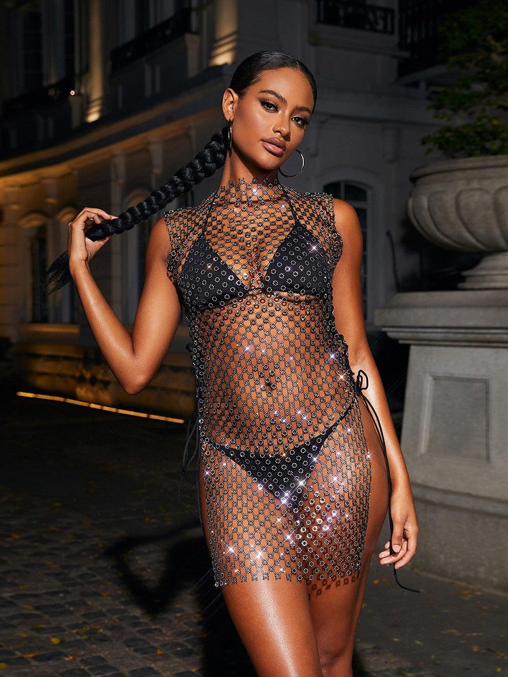 Rhinestone Net Mock Neck Sleeveless Sheer Mini Dress