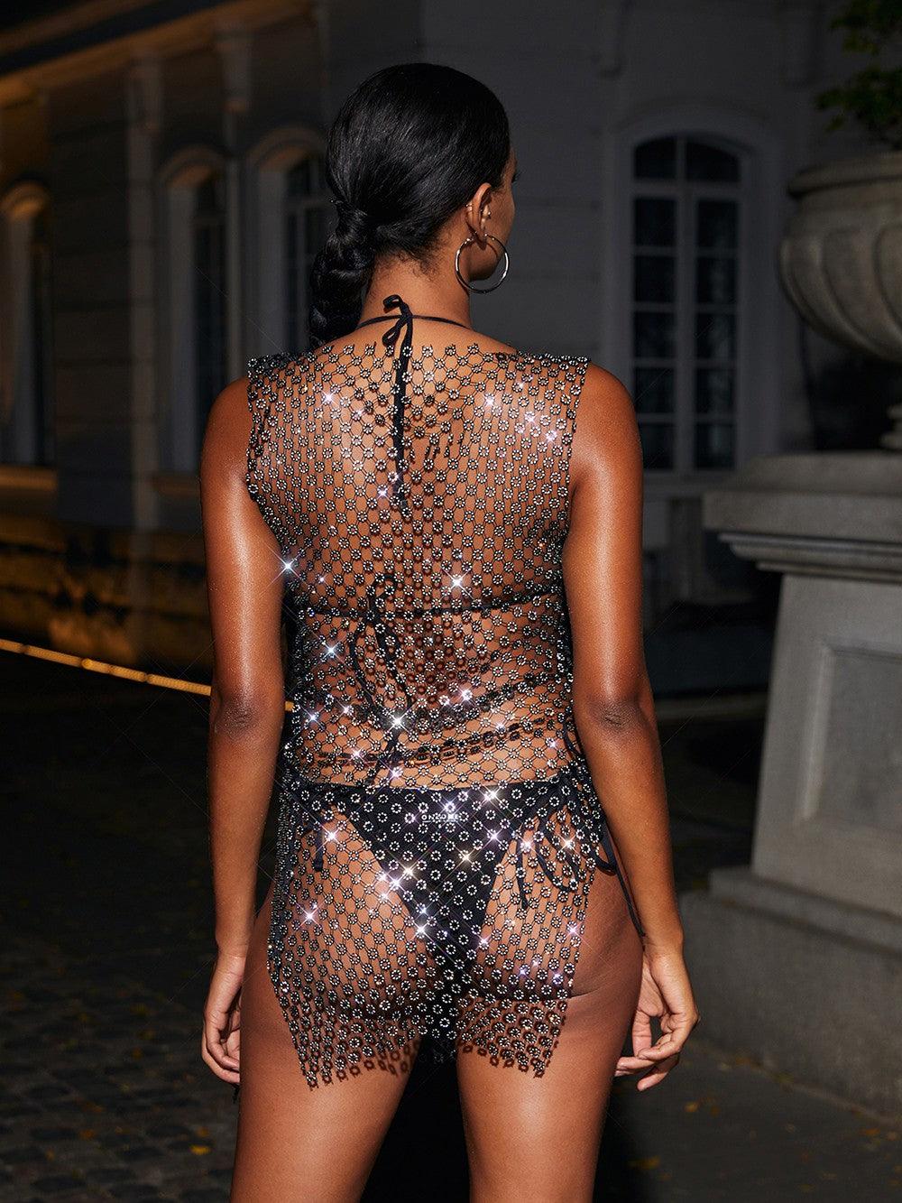 Rhinestone Net Mock Neck Sleeveless Sheer Mini Dress 5
