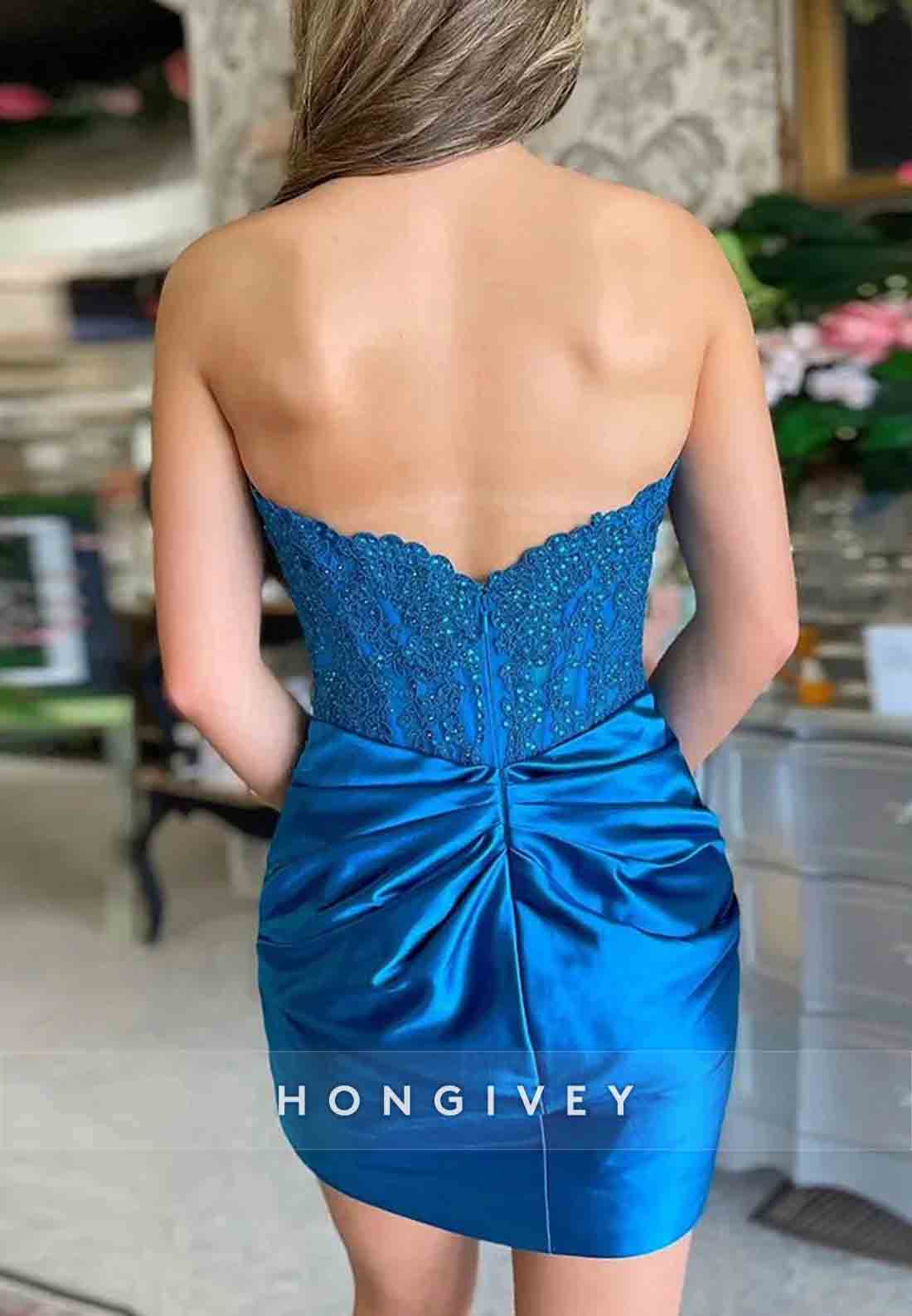 Strapless Sweetheart Sheath Pleated Appliqued Satin Mini Homecoming Dresses