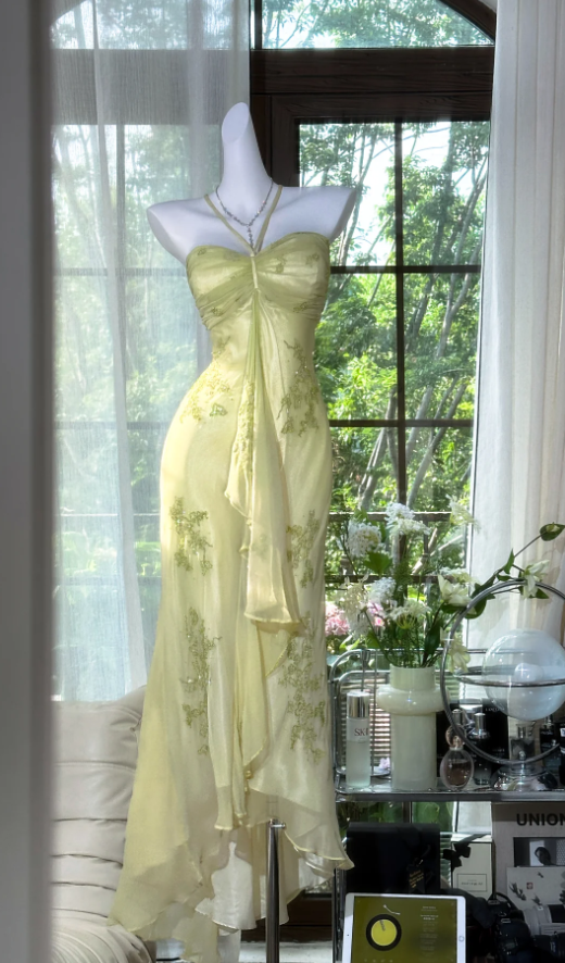 Vintage Halter Green Chiffon Beaded Mermaid Prom Dress Long Party Dress D941