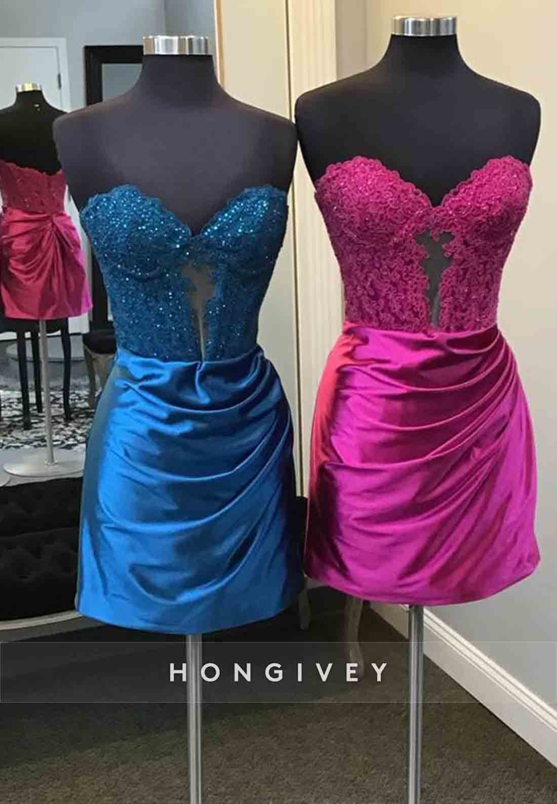 Strapless Sweetheart Sheath Pleated Appliqued Satin Mini Homecoming Dresses