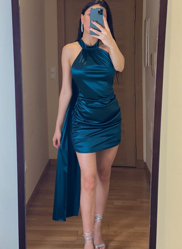 Classy Blue Halter Sleeveless Sheath Short Party Dress Formal Cocktail Dress Homecoming Dress D054