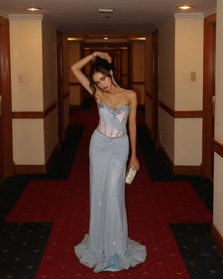 Glamorous Strapless Blue Sequin Beaded Mermaid Long Party Dress Evening Gown D1741