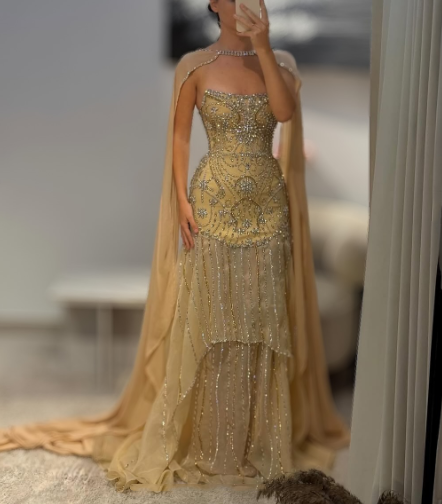 Glitter Yellow Chiffon Sequin Beaded Mermaid Evening Dress Long Birthday Prom Gown D1435