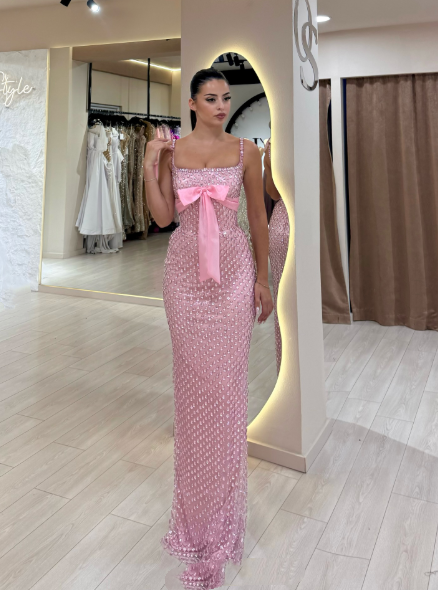 Gorgeous Spaghetti Straps Pink Sequin Beaded Mermaid Evening Dress Long Party Dress D1438