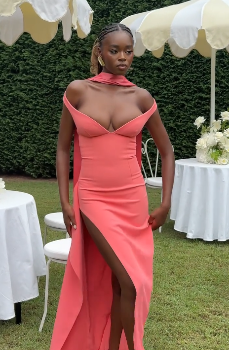 Elegant V Neck Coral Pink Side Slit Mermaid Long Wedding Guest Dress Party Dress D1626