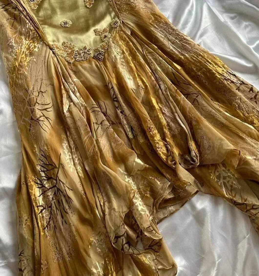 Gold Spaghetti Straps Mermaid Appliques Party Dress Evening Dress S341