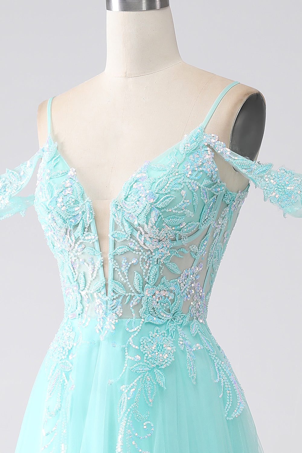 Light Green Cold Shoulder Sequins Prom Dress