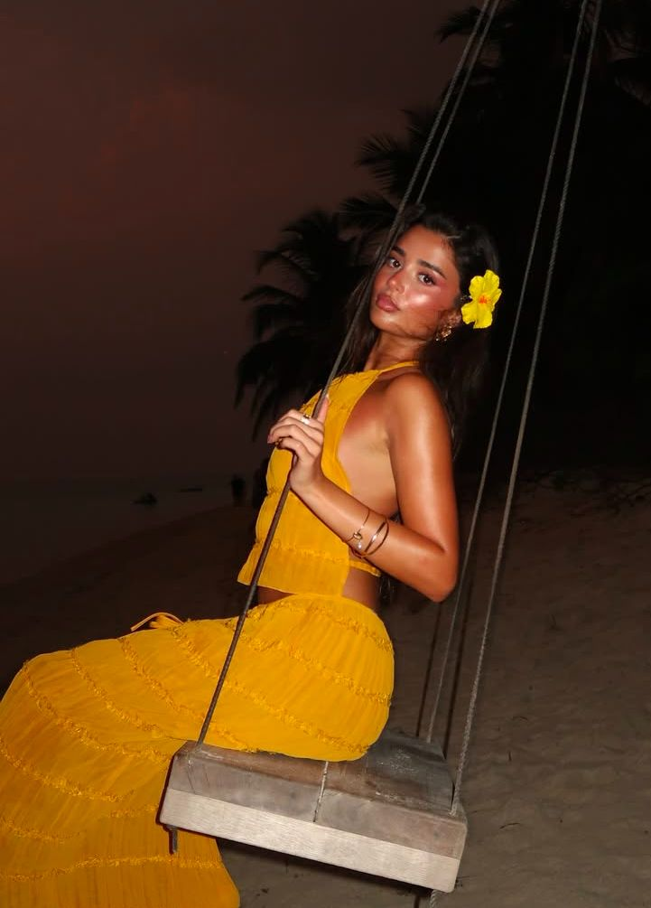 Sexy Halter Chiffon Backless Party Dress,Orange Long Vacation Dresses Two Piece S185