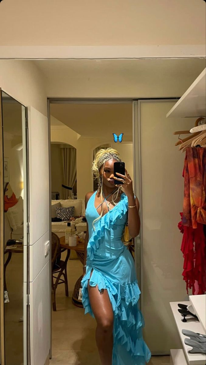 Unique Blue V Neck Chiffon Ruffle Slit Long party Dress Birthday Prom Gown D1472