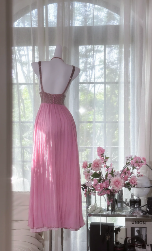 Classy Pink V Neck Chiffon Sequin A Line Long Party Dress Backless Birthday Prom Gown D1554