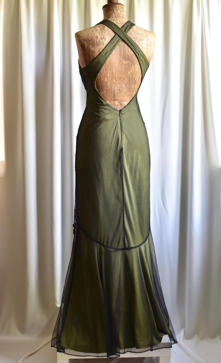 Vintage Olive Green Satin Tulle Beaded Mermaid Evening Dress Backless Long Party Dress D1405