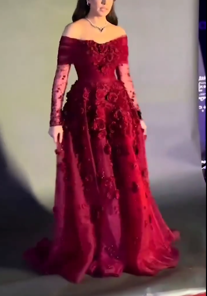 Pretty Off The Shoulder Ball Gown Red Organza Appliques Long Party Dress Birthday Outfits D1298