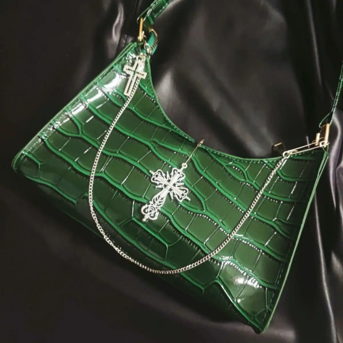 Punk Gothic Y2K High Street Cross Chains Crocodile Pattern Green Underarm Bag Halloween
