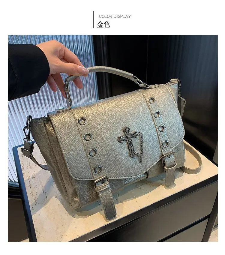 Retro Cross Black Messenger Gothic Dark Leather Casual Y2K Crossbody Shoulder Bag Gold Halloween