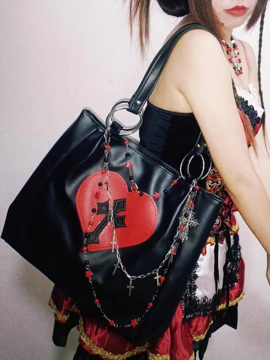 Y2K Grunge Gothic Cross Pu Leather Large Capacity Vintage Tote Bag Black (Red Cross) Halloween
