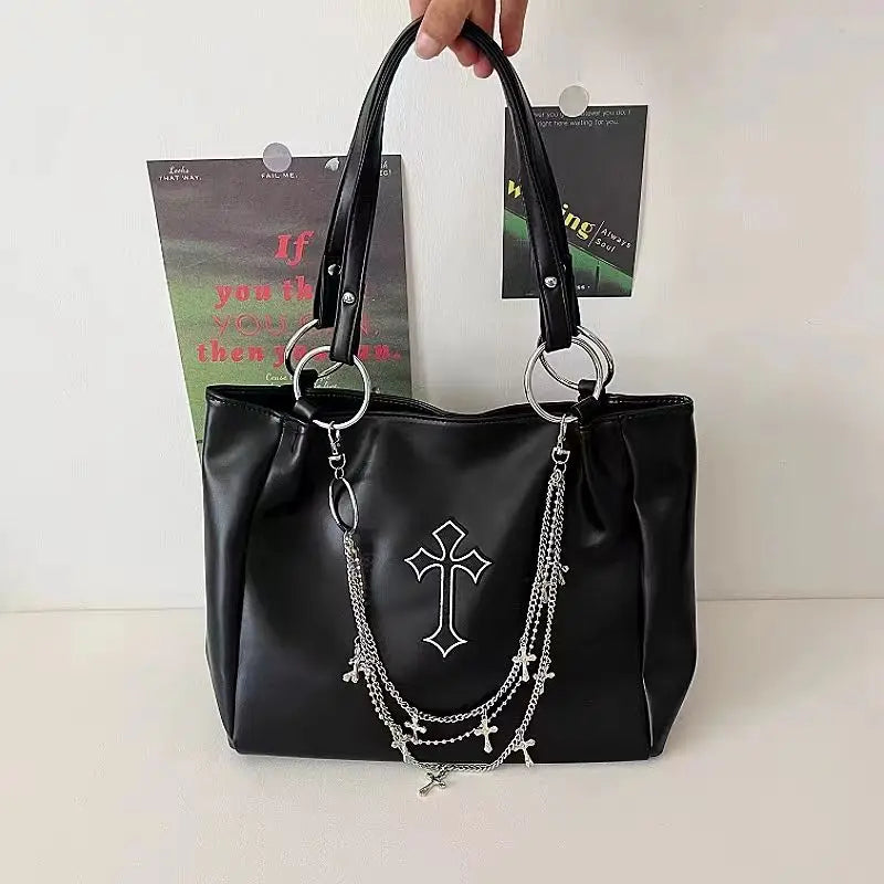 Y2K Grunge Gothic Cross Pu Leather Large Capacity Vintage Tote Bag Black (White Cross) Halloween