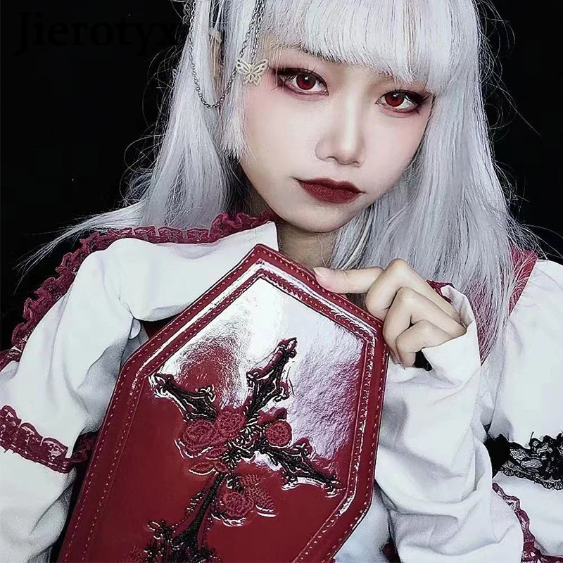 Gothic Embroidered Rose Punk Vintage Coffin Shape Crossbody Bag - Fashionpara