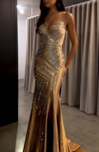 Elegant Spaghetti Straps Brown Satin Beaded Slit Mermaid Evening Dress Long Birthday Party Dress D1330