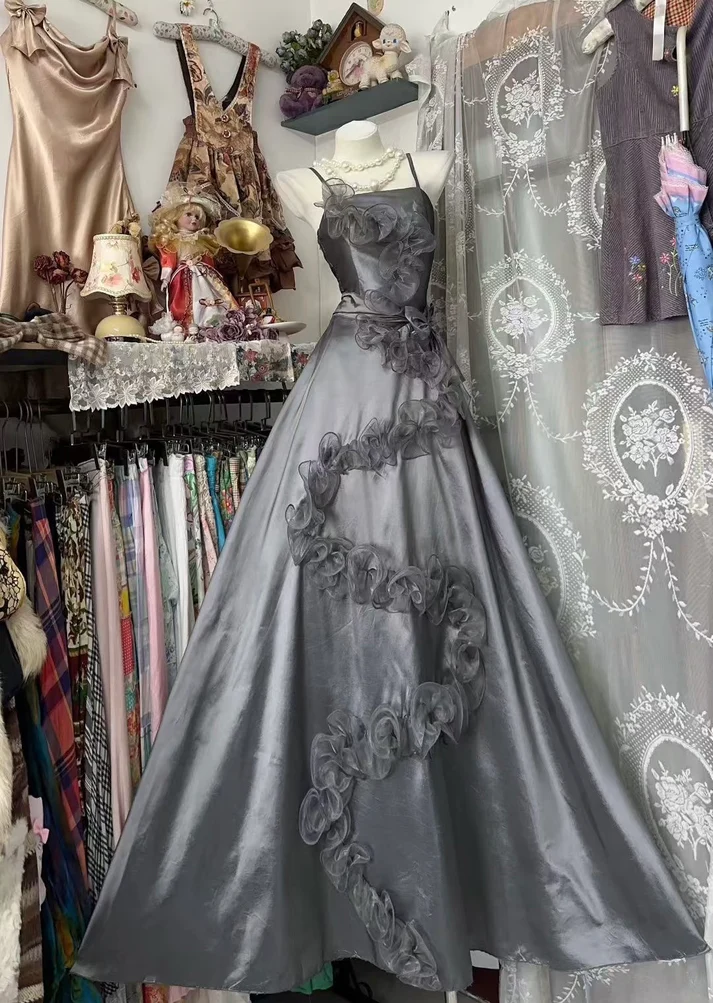 Vintage Spaghetti Straps Gray Satin A Line Long Party Dress Evening Gown D1125