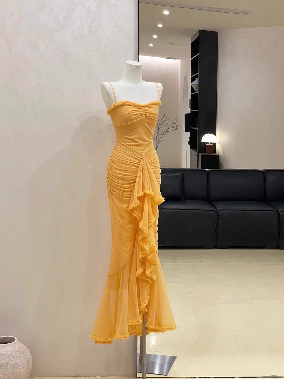 Sexy Spaghetti Straps Chiffon Pleated Mermaid Party Dress Yellow Birthday Dress S288