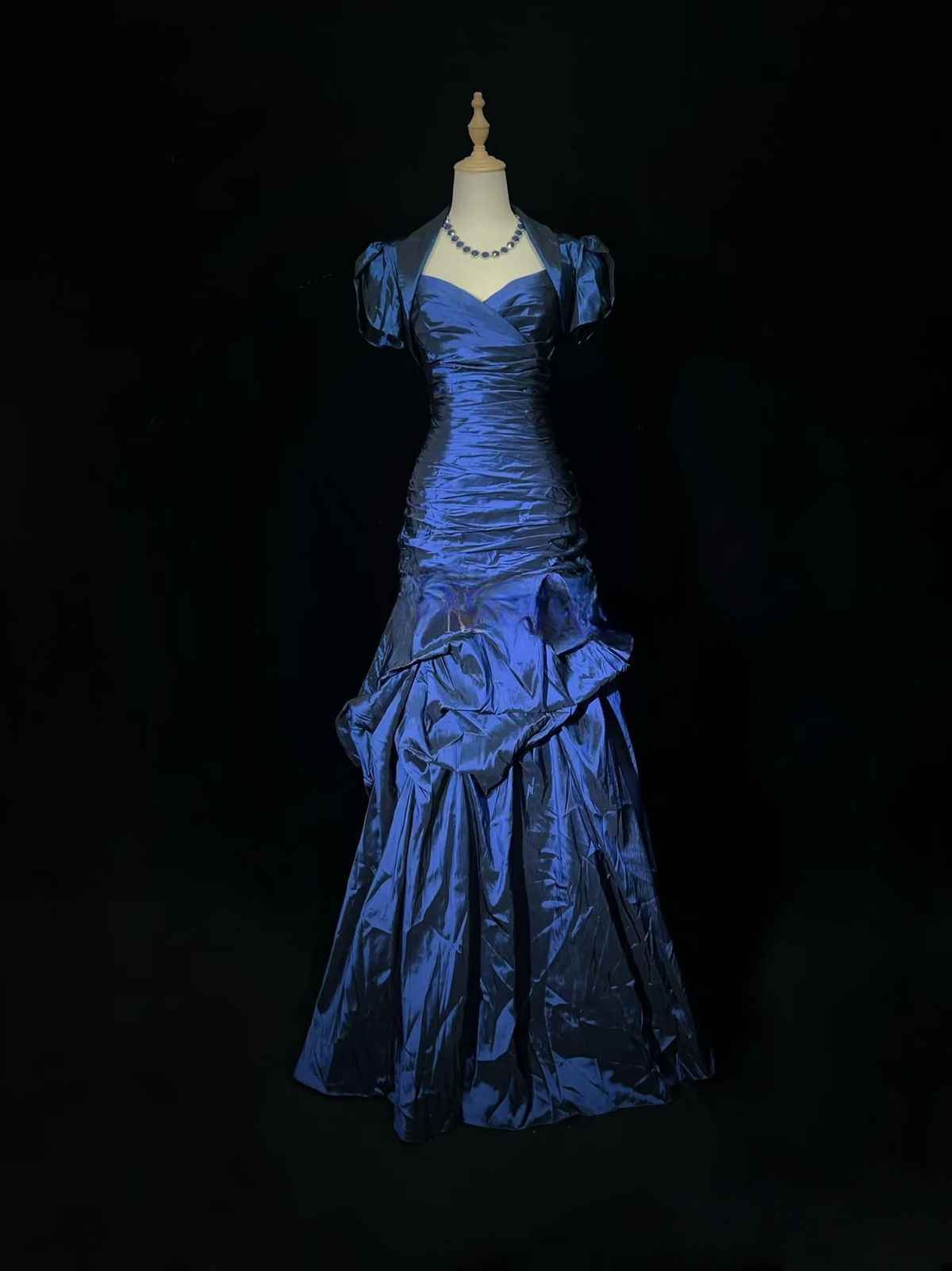 Vintage Blue Satin Pleated Mermaid Long Party Gown Formal Prom Dress D753