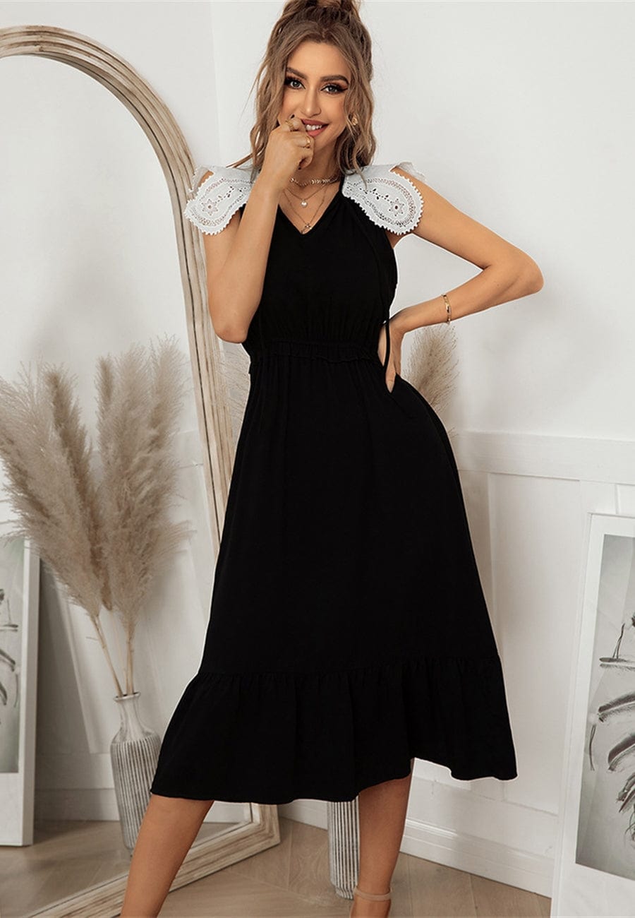 Contrast Lace Flutter-Sleeve Ruffle Hem A-Line Midi Dress