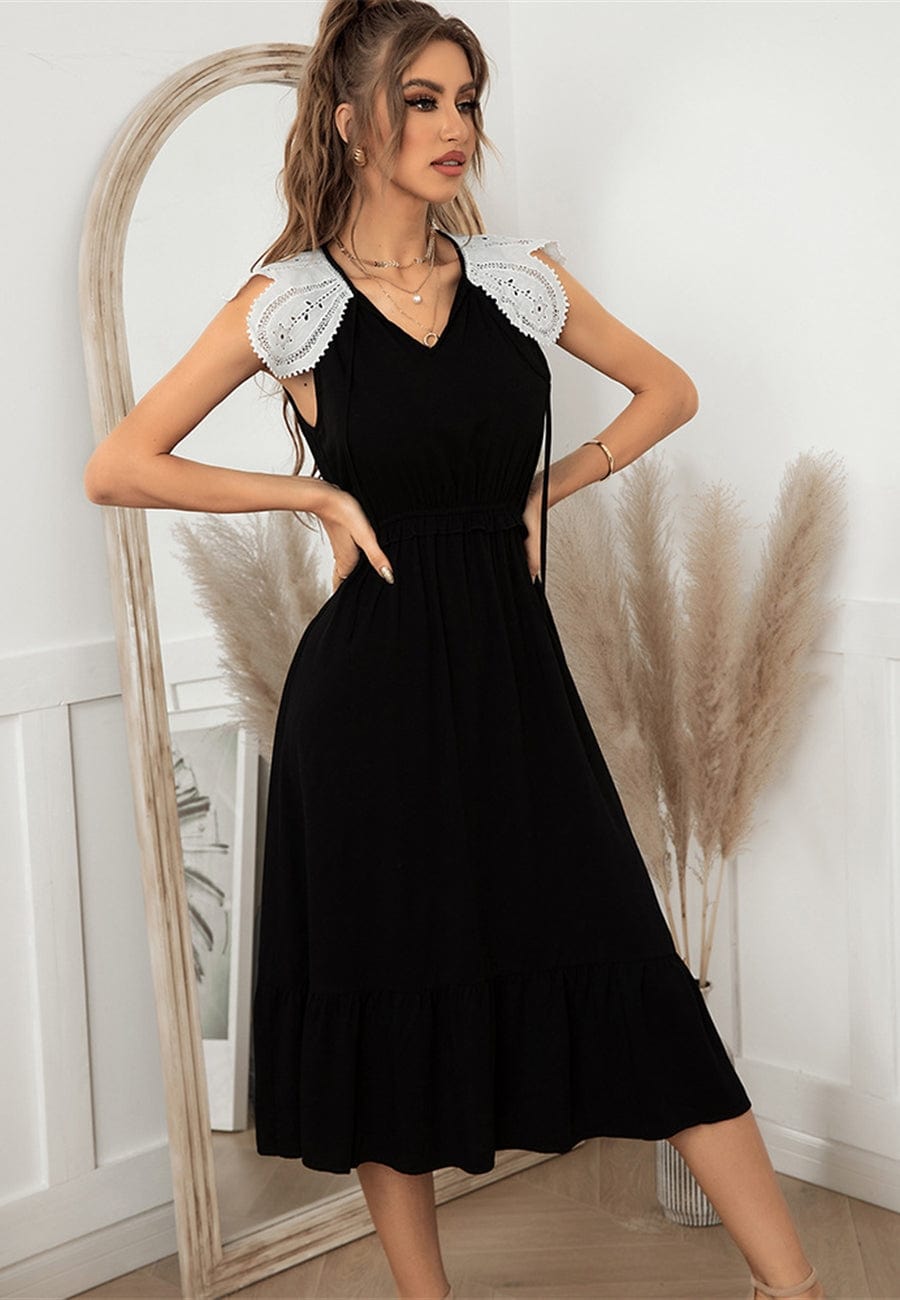 Contrast Lace Flutter-Sleeve Ruffle Hem A-Line Midi Dress 8