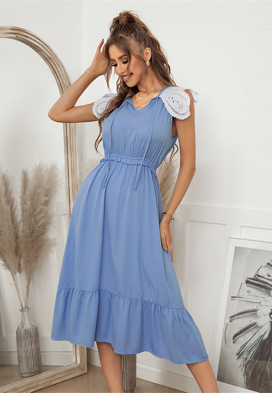 Contrast Lace Flutter-Sleeve Ruffle Hem A-Line Midi Dress 12