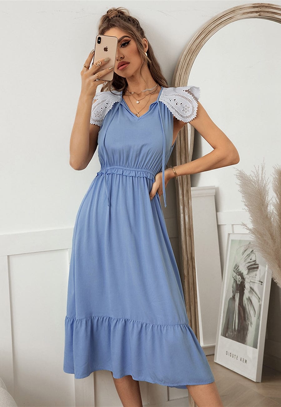 Contrast Lace Flutter-Sleeve Ruffle Hem A-Line Midi Dress 13