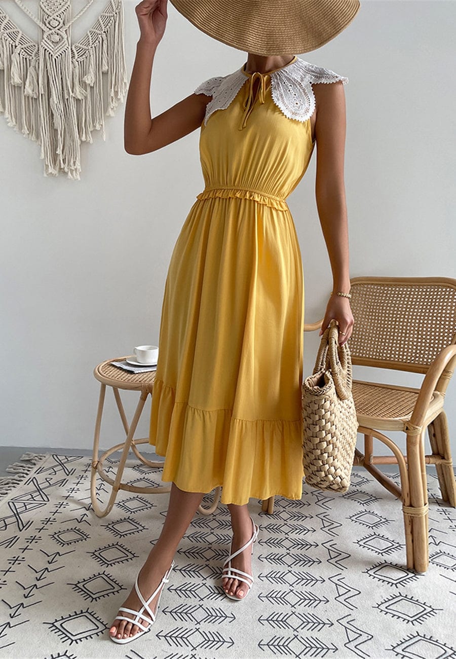 Contrast Lace Flutter-Sleeve Ruffle Hem A-Line Midi Dress 3