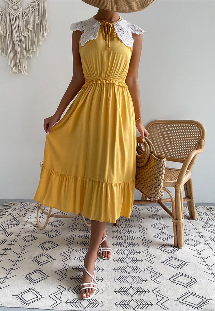Contrast Lace Flutter-Sleeve Ruffle Hem A-Line Midi Dress 4