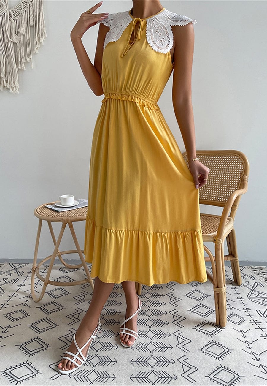 Contrast Lace Flutter-Sleeve Ruffle Hem A-Line Midi Dress 5